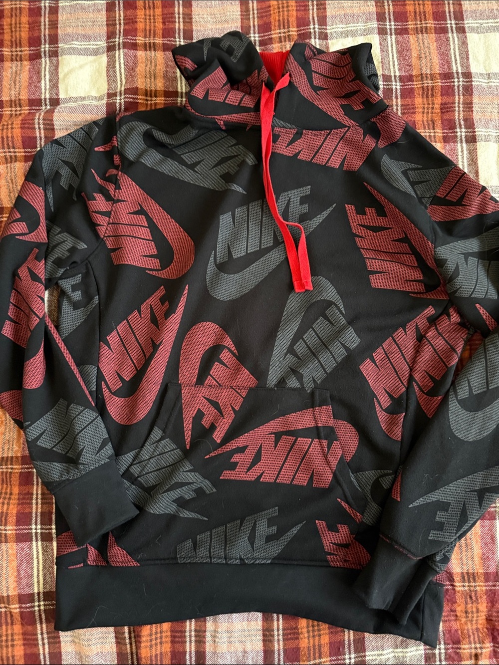 Nike Black Pullover Hoodie with Red and Gray Logo Print